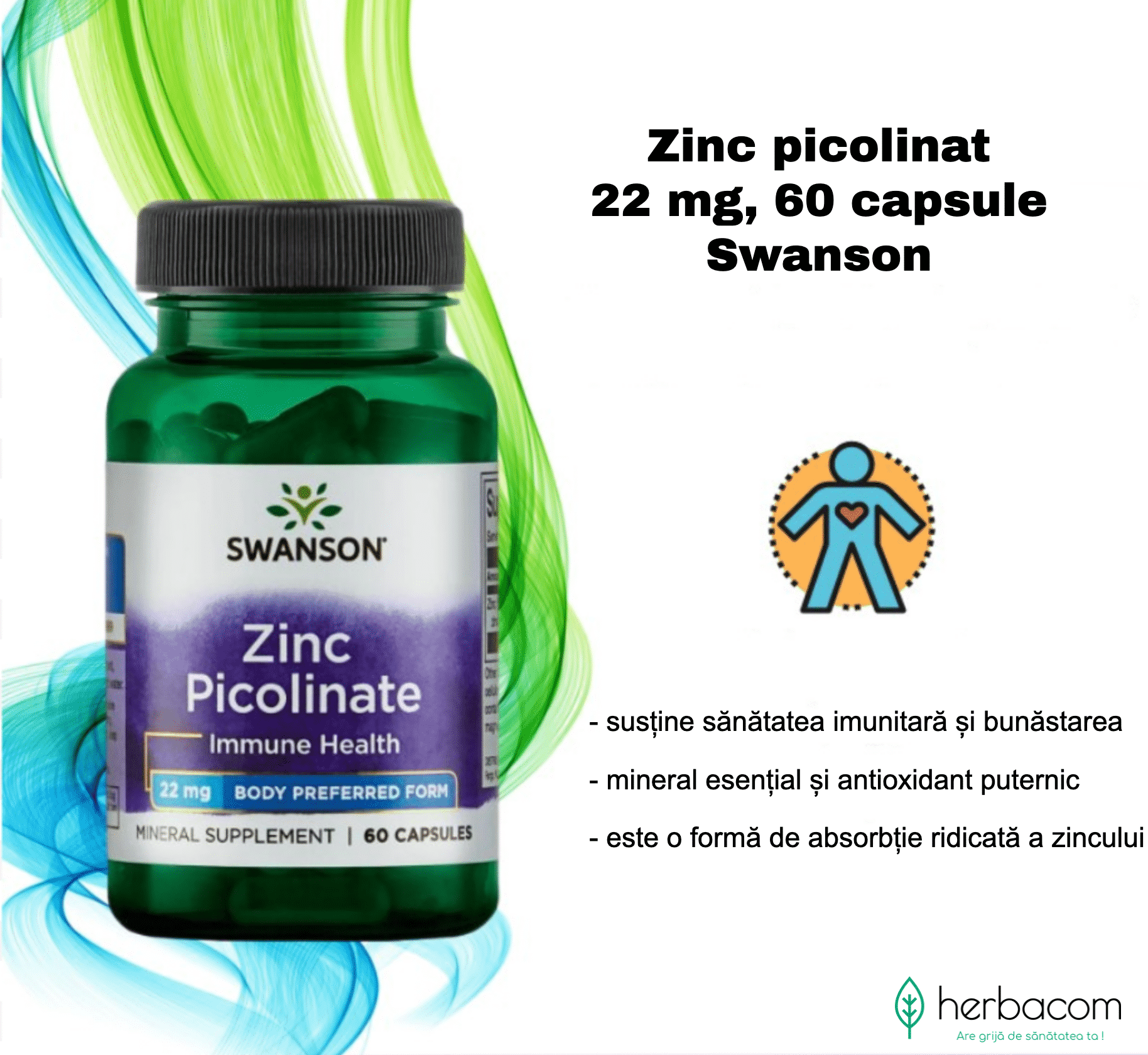 Zinc Picolinat, picolinat de zinc, 22 mg, 60 capsule - Swanson