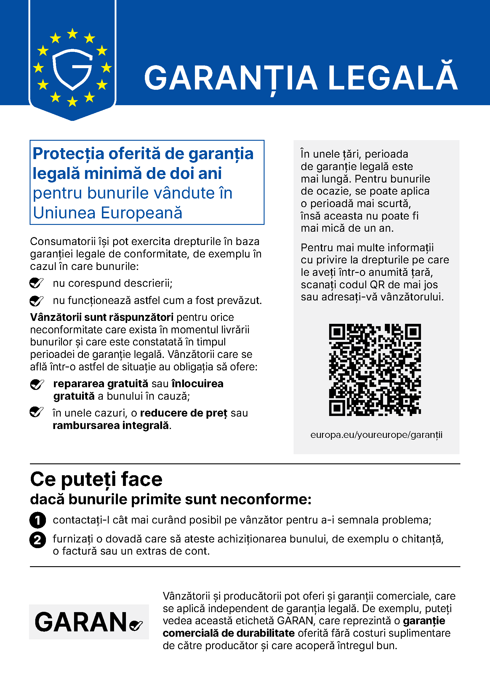 Informarea UE privind garanția legală minimă de doi ani pentru bunurile vândute în Uniunea Europeană